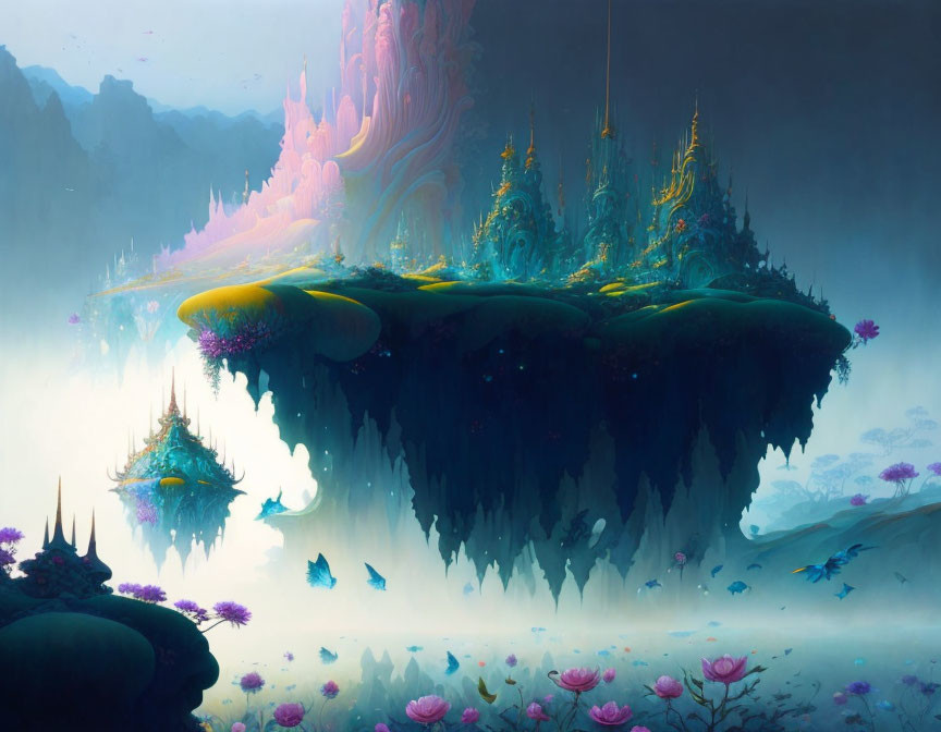 Vibrant neon-hued floating island with dreamy sky