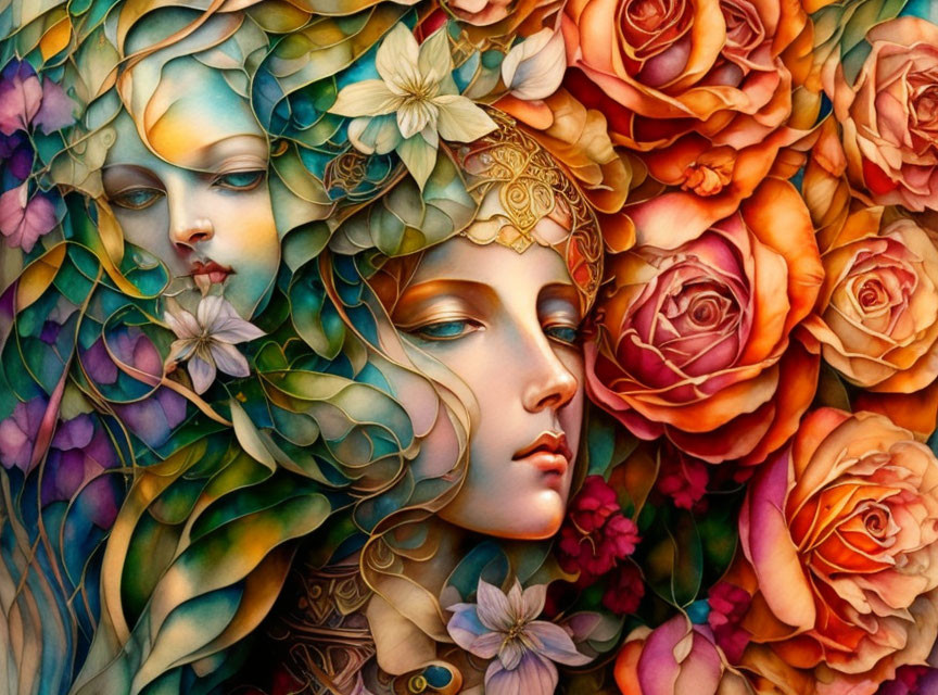 Vibrant artwork of two women's faces with roses and foliage