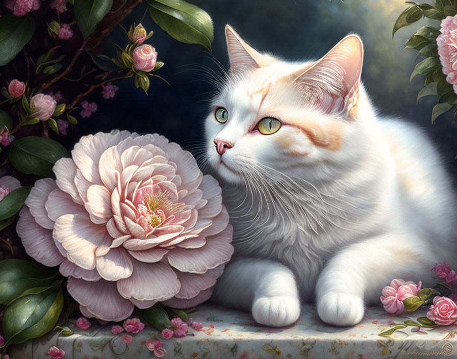 Fluffy white cat with amber eyes next to pink peony flower in garden setting