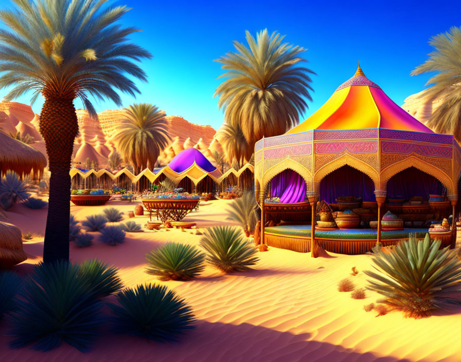 Desert oasis with ornate tents, palm trees, and dunes