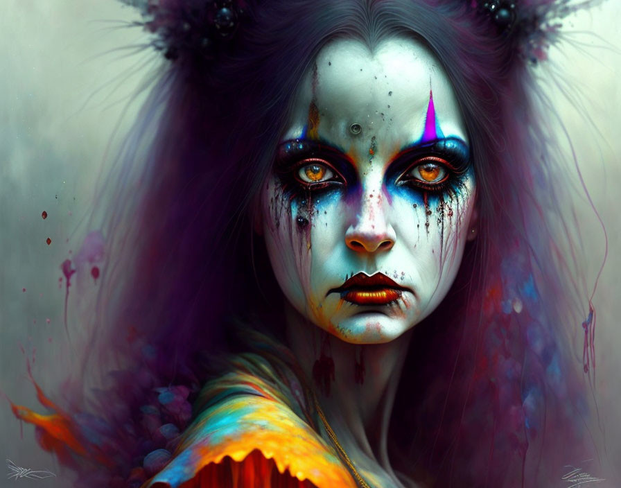 Vibrant portrait of female figure with blue skin and colorful accents