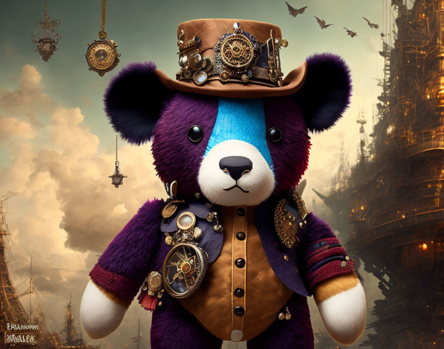 Blue and Purple Steampunk Teddy Bear in Industrial Setting