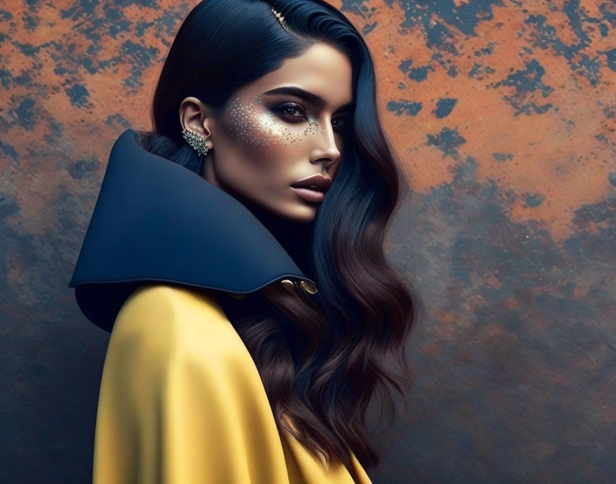 Dark-haired woman in yellow outfit and black collar with glittering makeup on orange backdrop