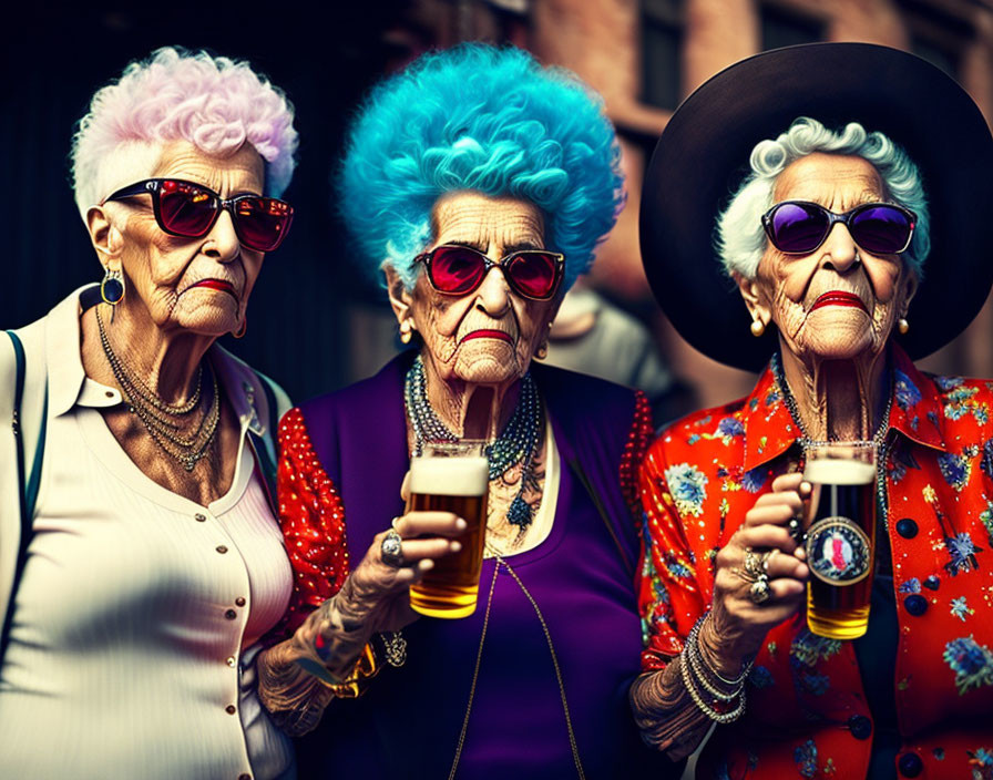 Elderly women with colorful hair, sunglasses, and beers showcase confidence