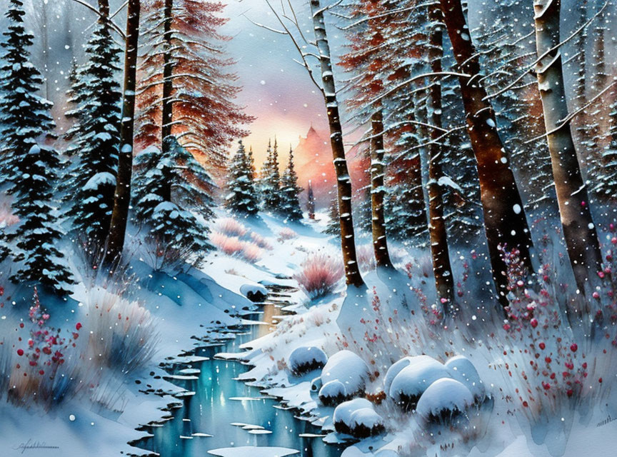 Snowy forest scene: Dusk stream, bare trees, colorful sunset.