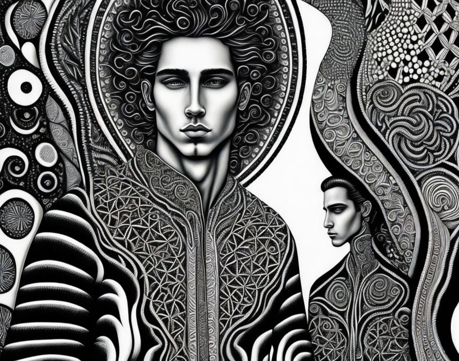 Monochrome digital artwork featuring stylized male figures with intricate patterns and flowing lines.