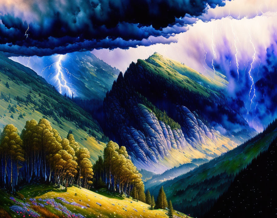 Stormy sky landscape with mountains, forests, and colorful flowers