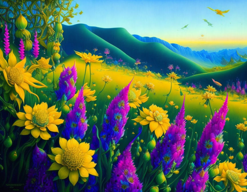 Colorful Meadow Landscape with Flowers, Hills, Birds, and Mountains