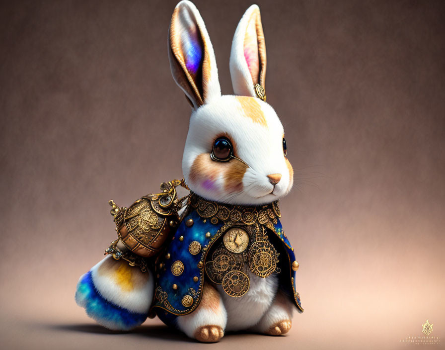 Detailed fantasy rabbit figure in golden armor and blue cape on brown backdrop