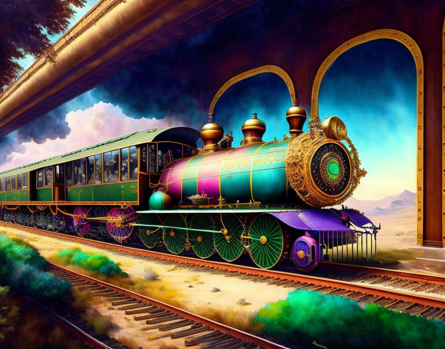 Fantastical steam train with ornate gold detailing in desert landscape