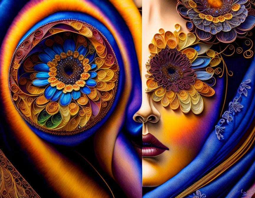 Colorful digital artwork: Woman's profile with floral patterns