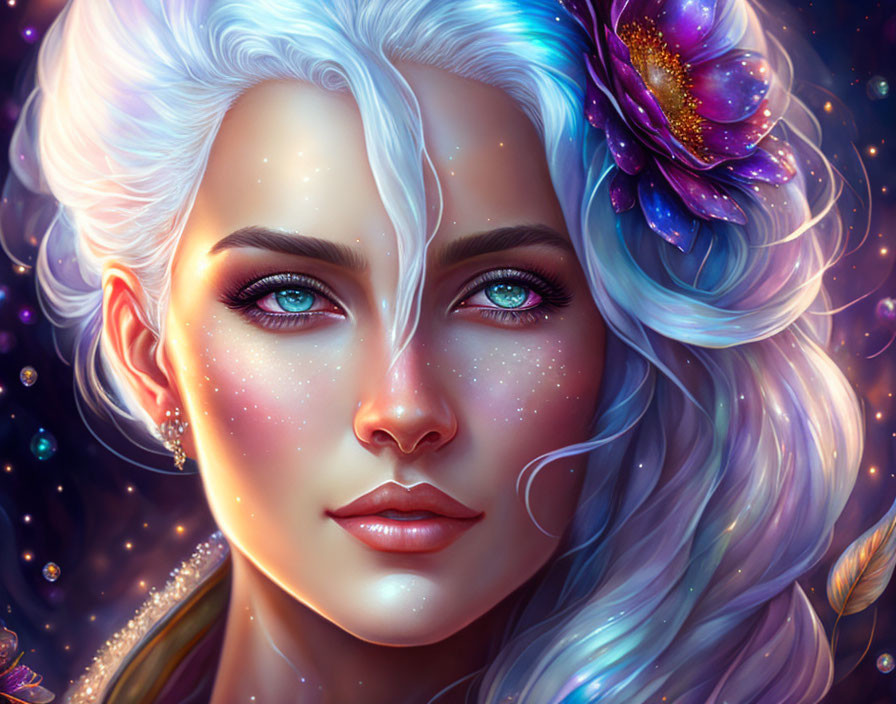 Digital portrait of woman with blue eyes and white hair, adorned with purple flowers and feathers, against star