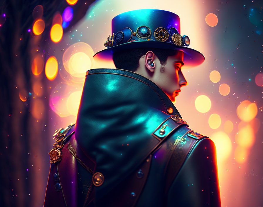 Person wearing steampunk hat and coat with glowing bokeh lights