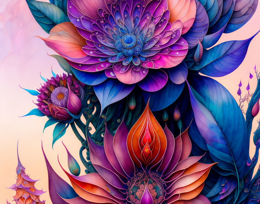 Colorful digital painting of stylized flowers on pastel background