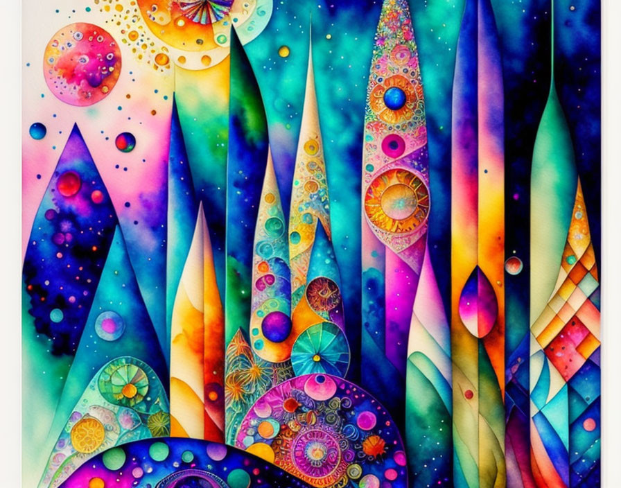 Colorful Abstract Painting with Whimsical Shapes and Undersea Theme