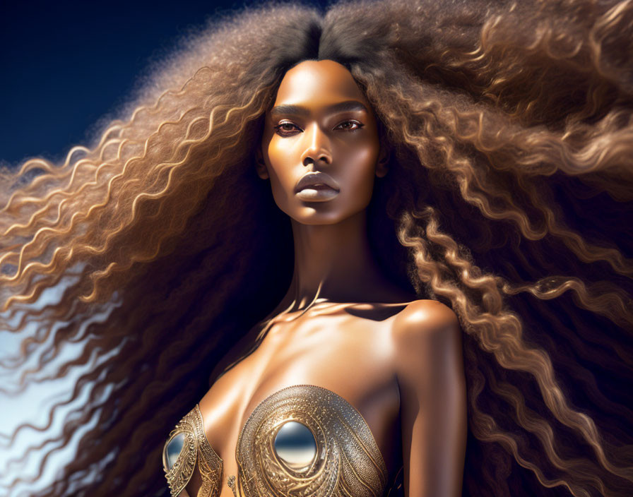 Digital artwork: Woman with curly hair, bronze skin, golden attire, blue background