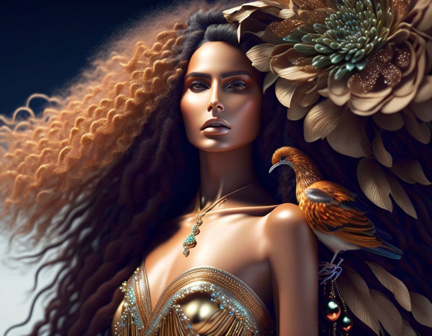 Digital Artwork: Woman with Curly Hair, Jewelry, Flower, and Bird