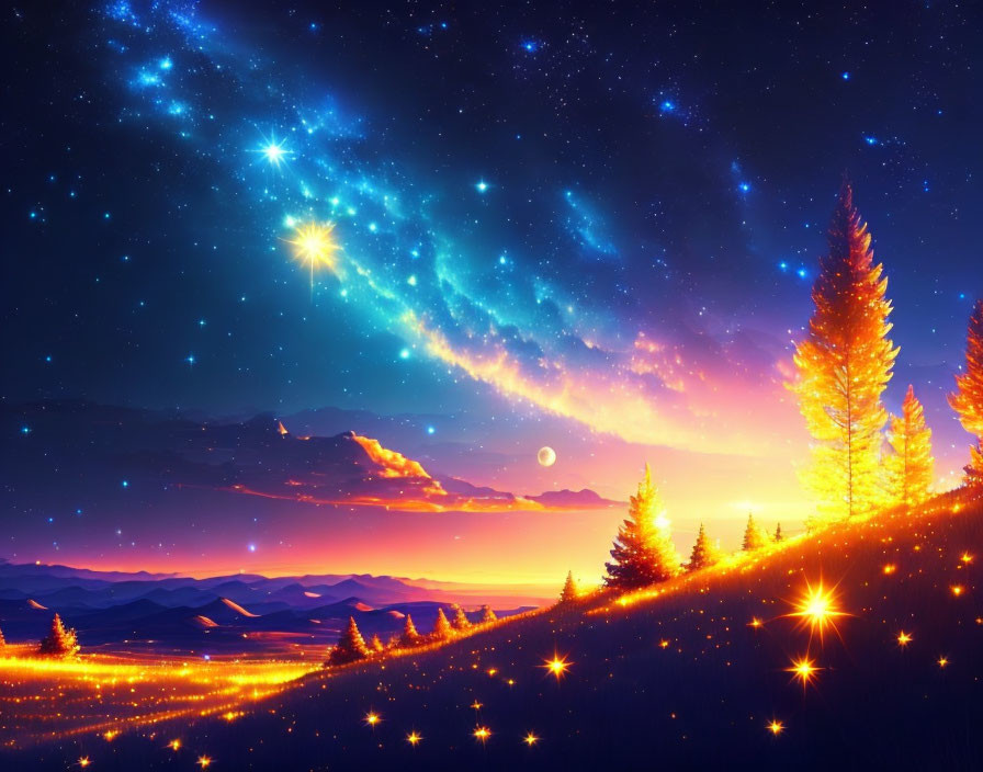 Twilight scene: Starry sky, orange horizon, silhouetted mountains, glowing trees