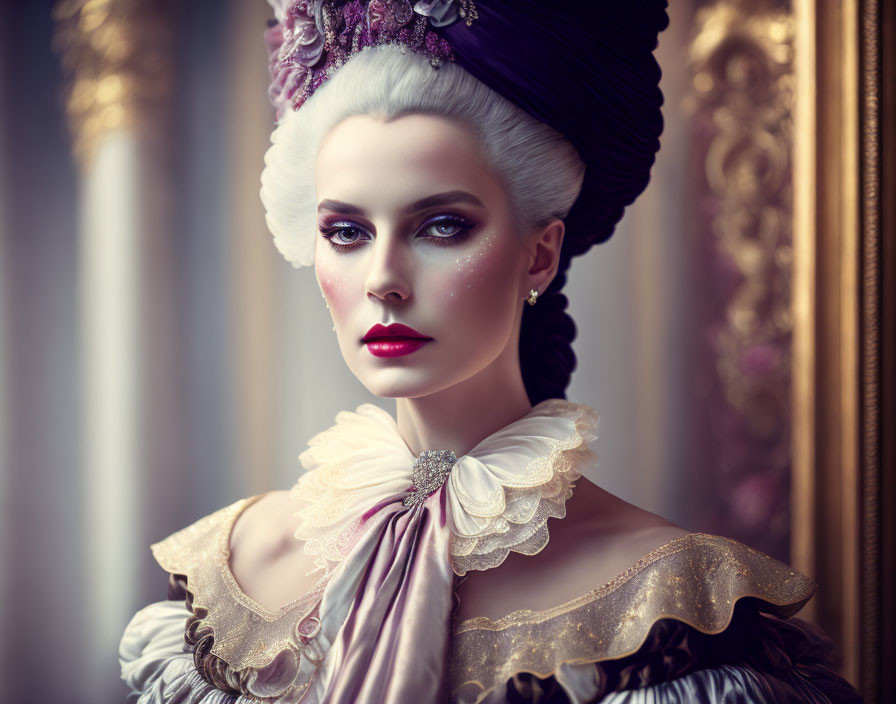 Vintage aristocratic woman in elaborate attire and updo.