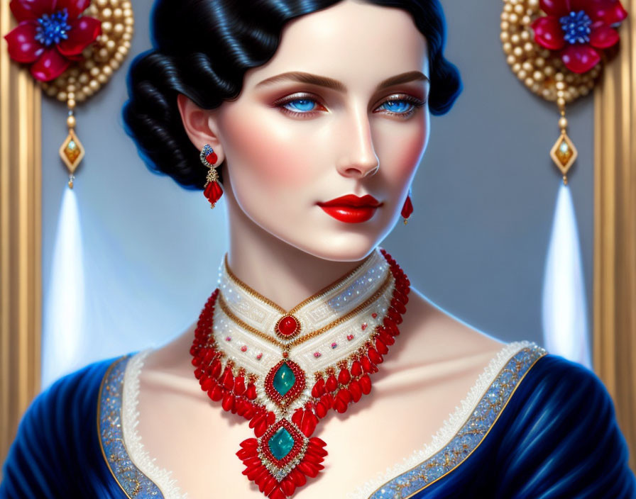 Illustrated portrait of woman in blue dress with red and gold jewelry