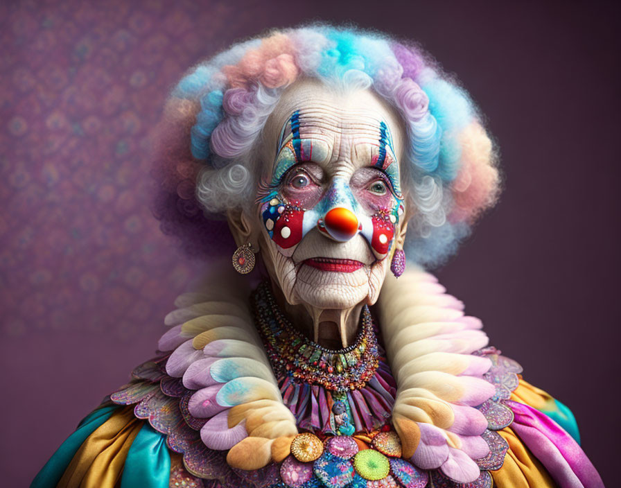 Elderly woman in vibrant clown makeup and colorful attire