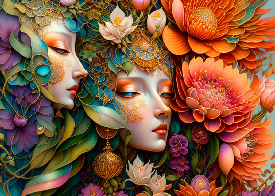 Stylized female faces with floral and jewelry designs on vibrant floral backdrop