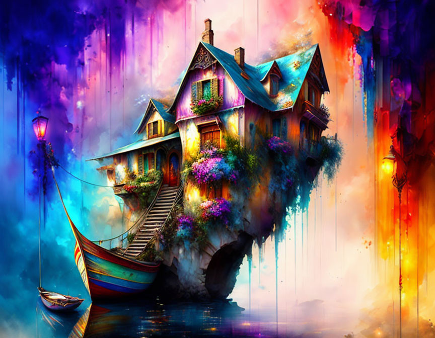 Colorful artwork: Enchanting house on cliff with flowers and boat under surreal sky