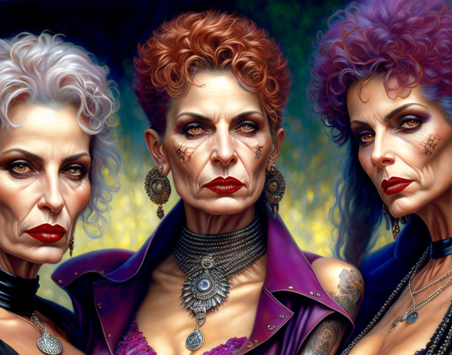 Three fantasy-style women with elaborate makeup, tattoos, and gothic jewelry in intense poses against blurred natural