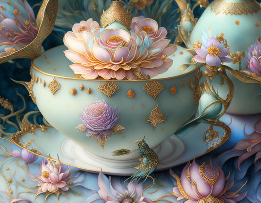 Porcelain tea set with gold accents and floral designs