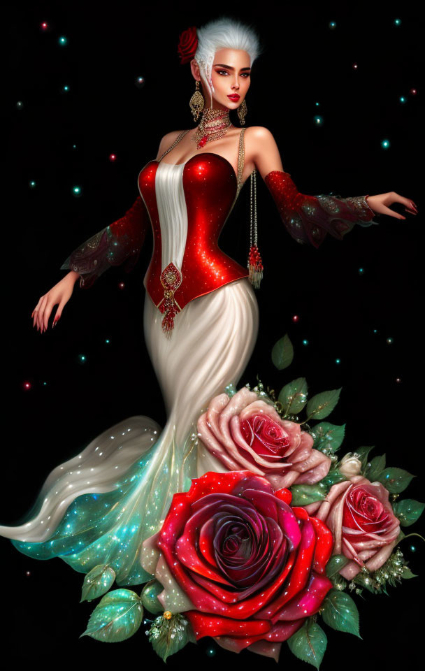 Illustrated woman in red and white corset gown with roses on starry backdrop