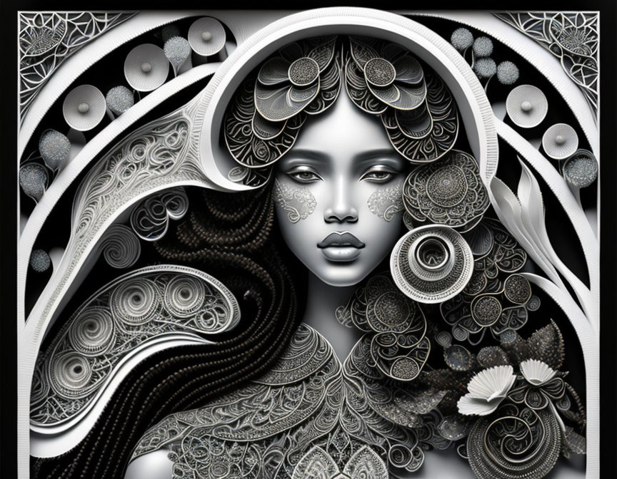 Monochrome artwork of stylized woman with decorative patterns