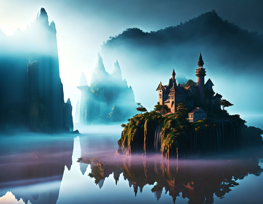 Mystical castle on cliff with waterfalls, mountains, mist, lake