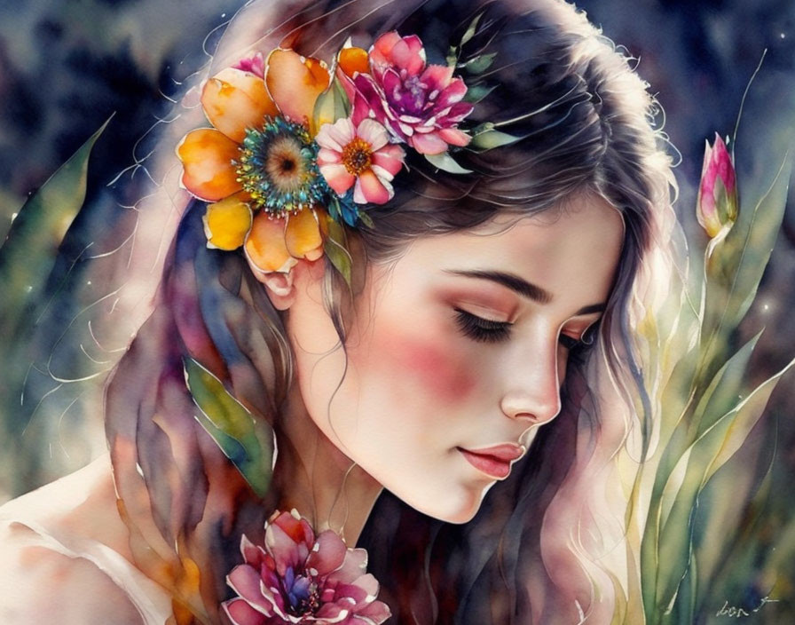 Serene woman with floral hair adornments in vibrant colors