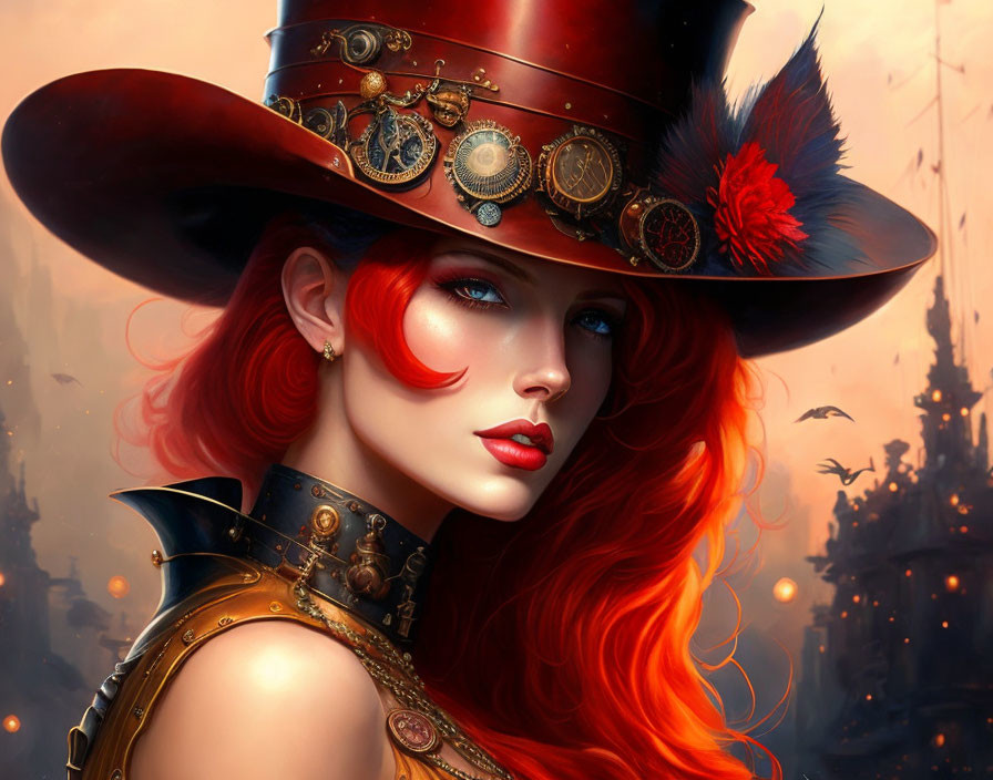 Red-haired woman in steampunk hat with gears and feather against industrial cityscape.