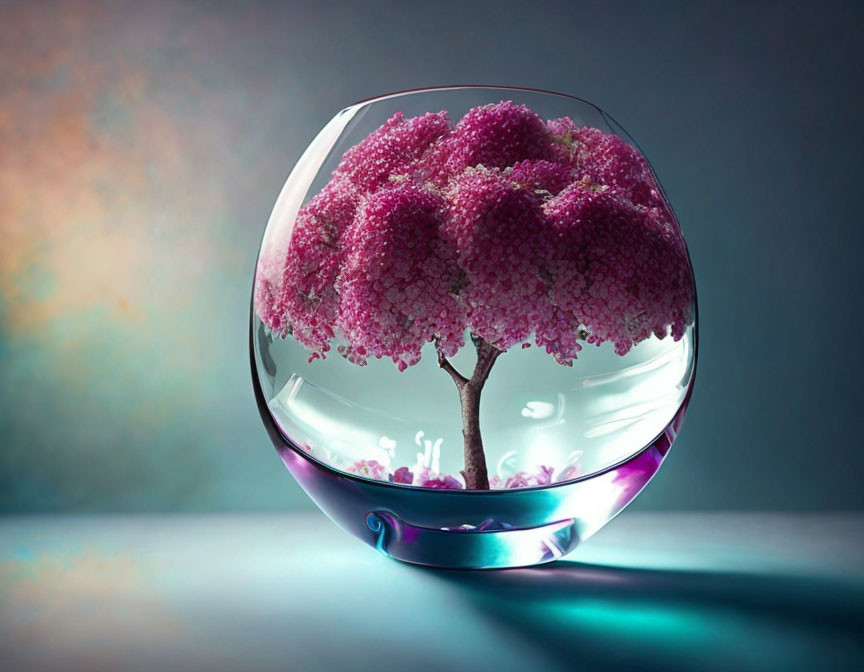 Pink blossoming tree in glass terrarium on blue gradient surface