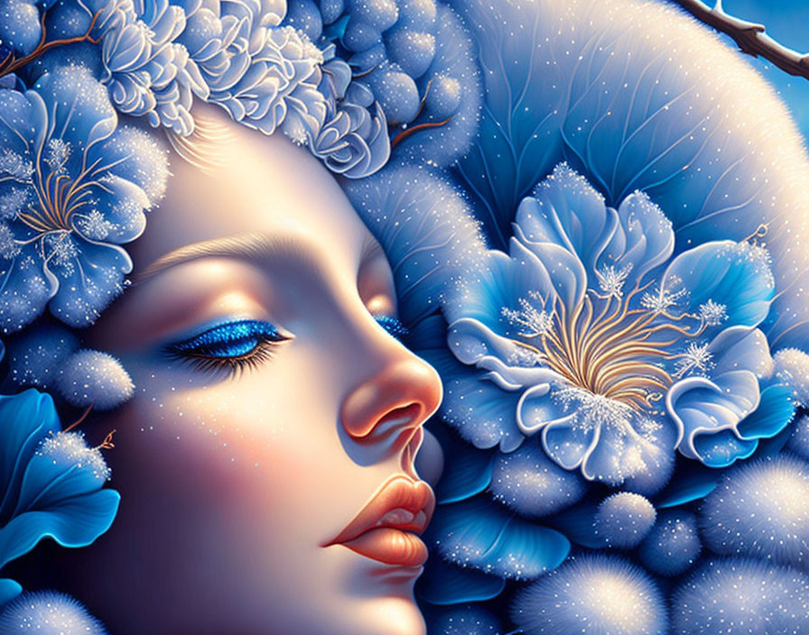 Serene woman's face blended with vibrant blue flowers symbolizing nature connection