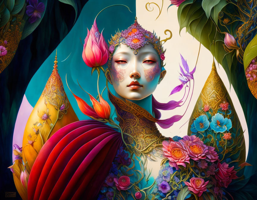 Vibrant Surreal Portrait with Floral Elements