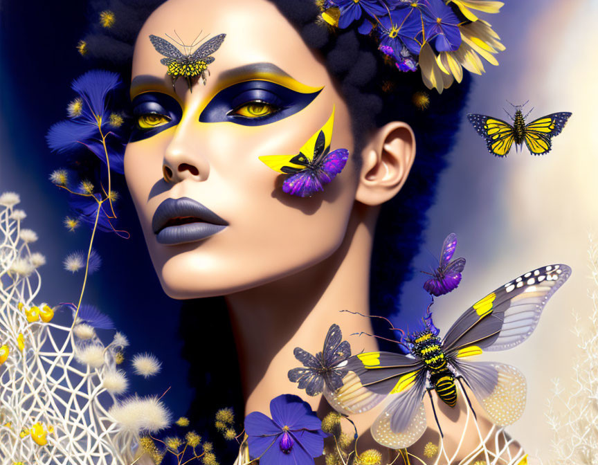 Woman with Butterfly-Themed Makeup and Hair Adornments surrounded by Butterflies and Florals