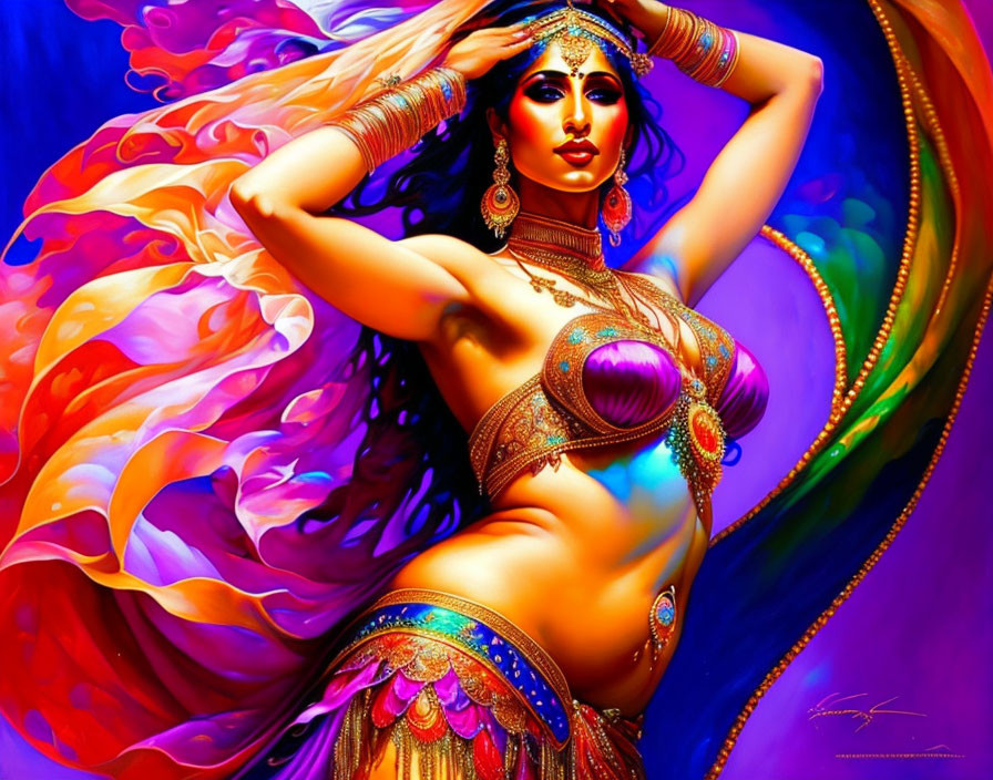 Colorful artwork featuring woman in ornate attire & striking makeup