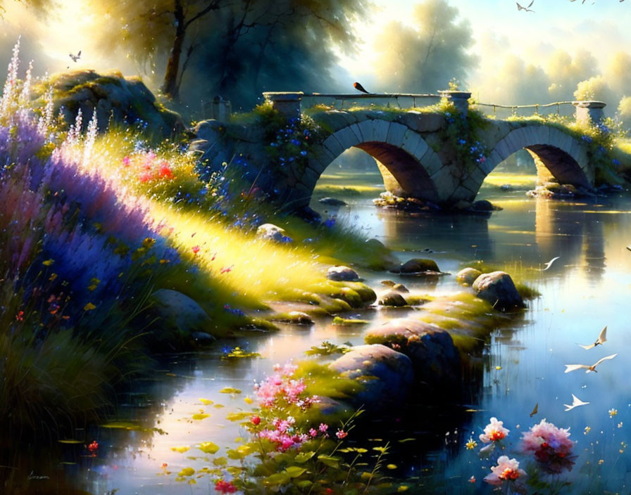 Tranquil landscape with stone bridge, river, mist, flowers, and bird