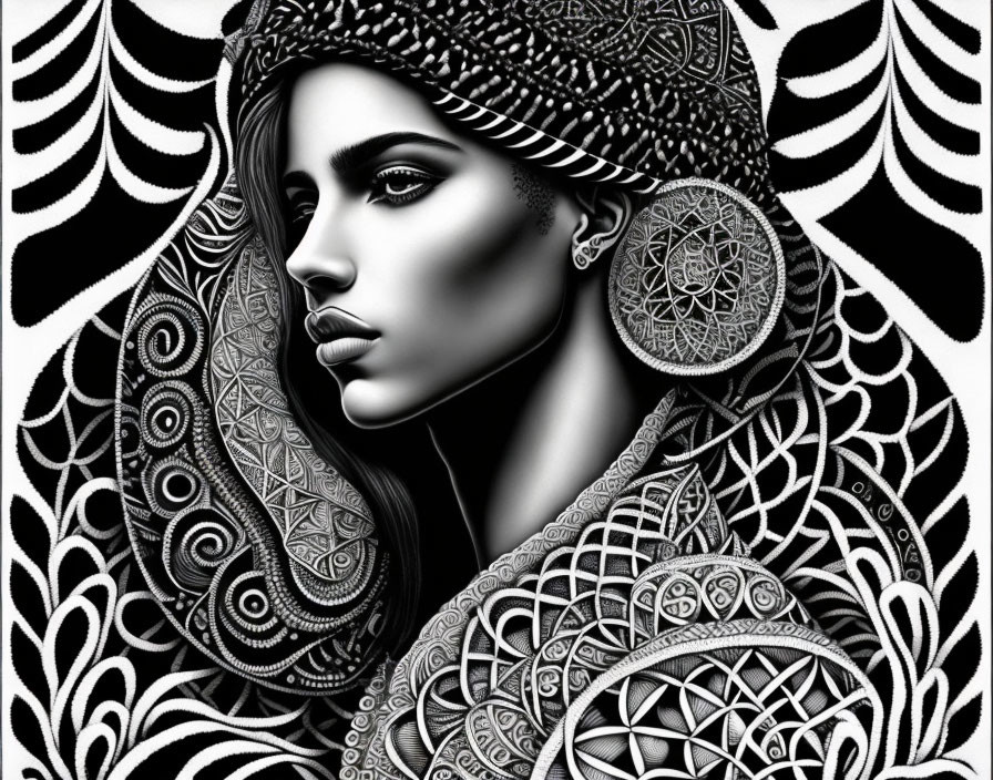 Detailed Monochrome Woman Illustration with Intricate Patterns