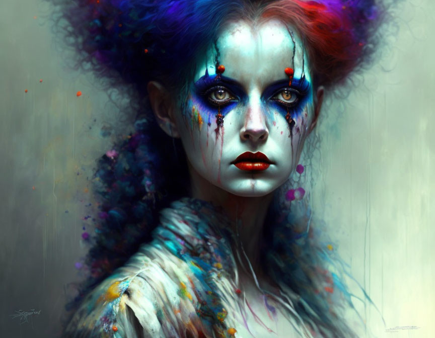 Vibrant multicolored hair and artistic makeup portrait.