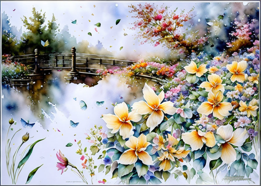 Colorful watercolor painting: Wooden bridge, lush flora, flowers, butterflies