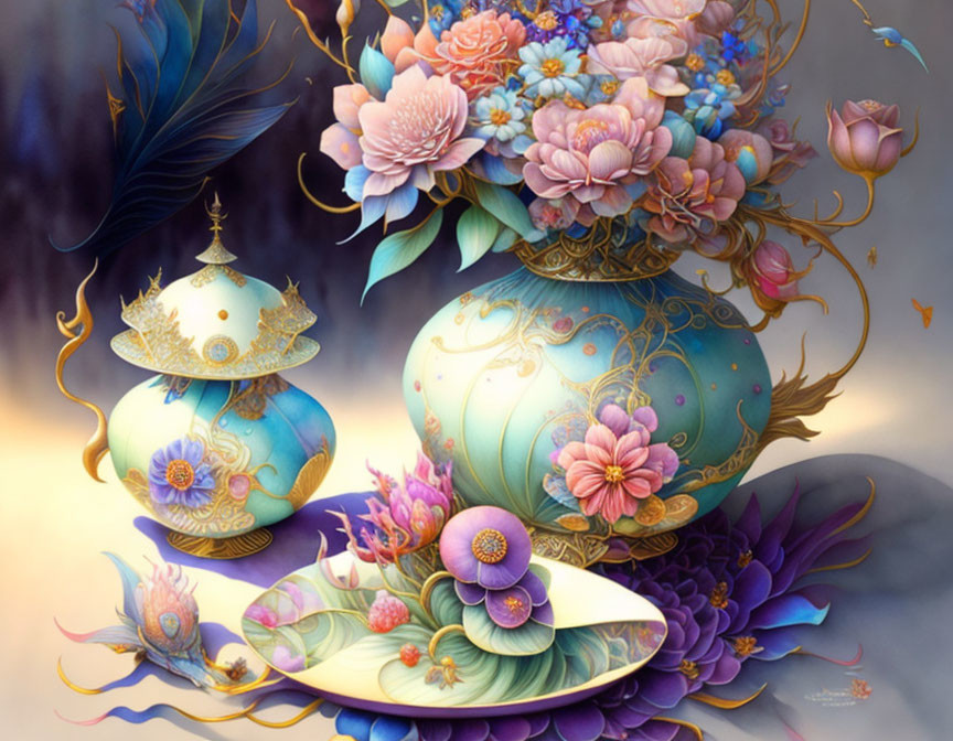 Detailed botanical-themed vase illustration with vibrant flowers and ethereal elements