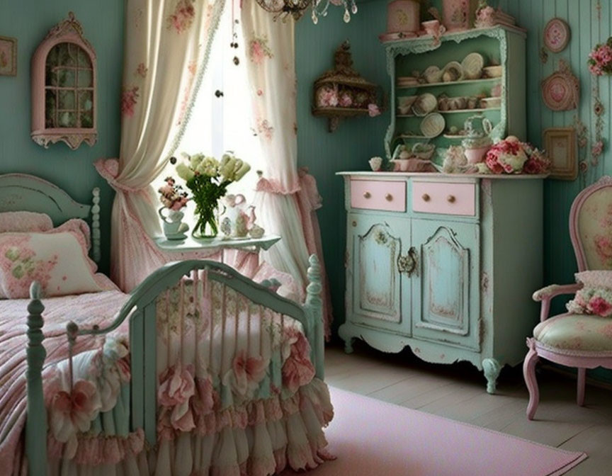 Pastel Green and Pink Vintage Bedroom Decor with Antique Furniture