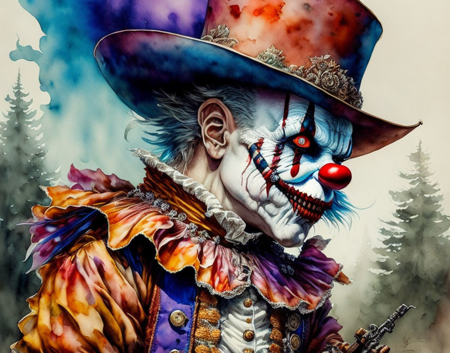 Colorful Sinister Clown in Western Attire with Pistol in Forest