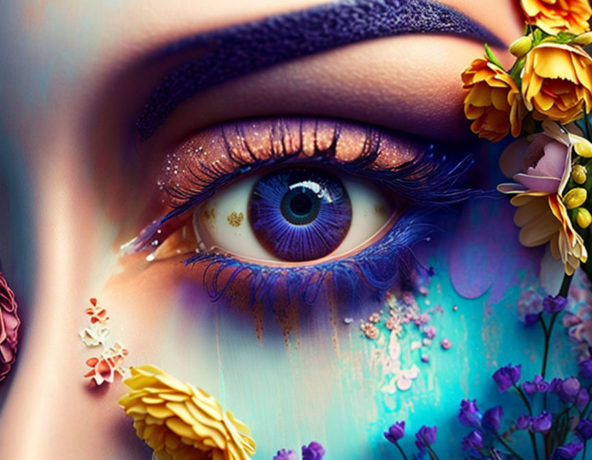 Vibrant blue eye makeup with yellow flowers on colorful backdrop