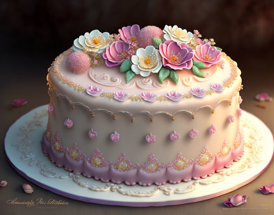 Elegant pink and white frosted cake with sugar flowers and pearls