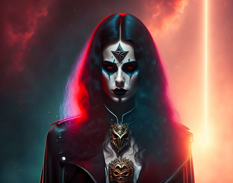 Stylized portrait of woman with black and red face paint and colorful lighting