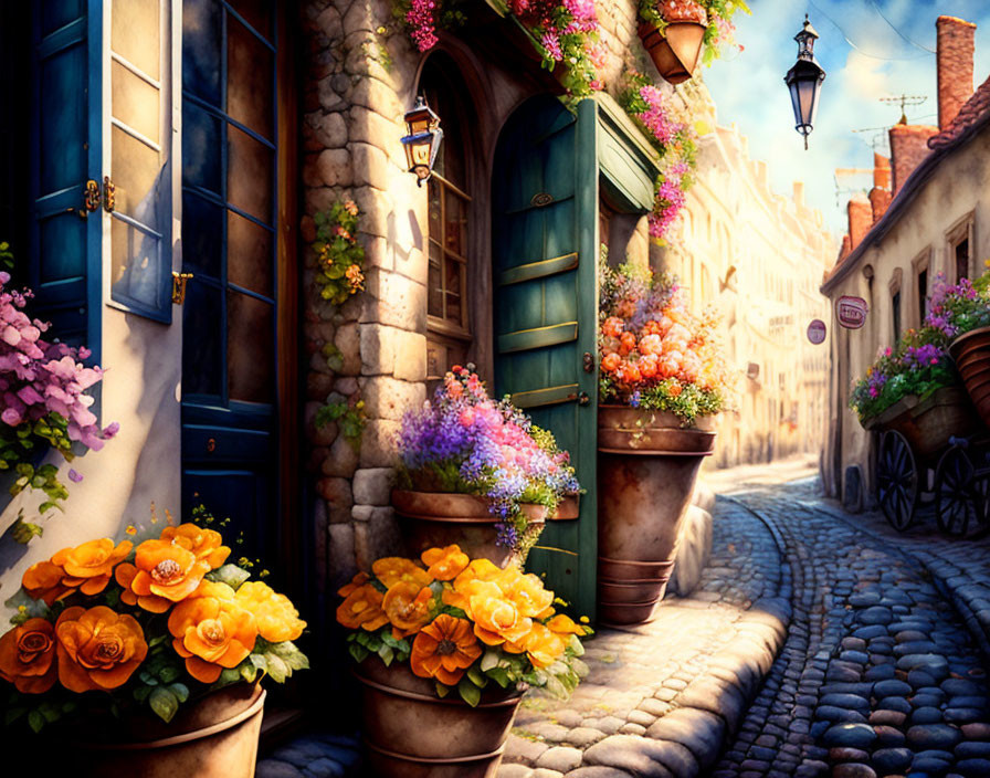 Charming cobblestone street with flower pots, wooden cart, and old buildings